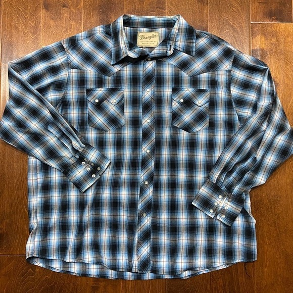 Wrangler Western Ranch Pearl Snap Plaid Blue White Red Men's Size XXL - Picture 3 of 7